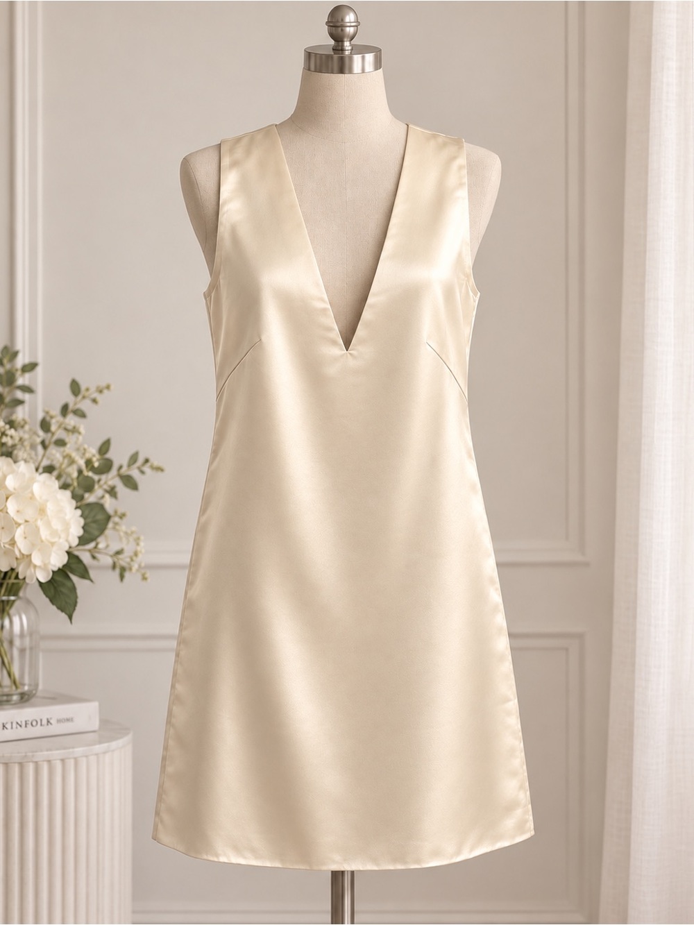 Abercrombie & Fitch Champagne Satin V-Neck Slip Mini Dress w Bow